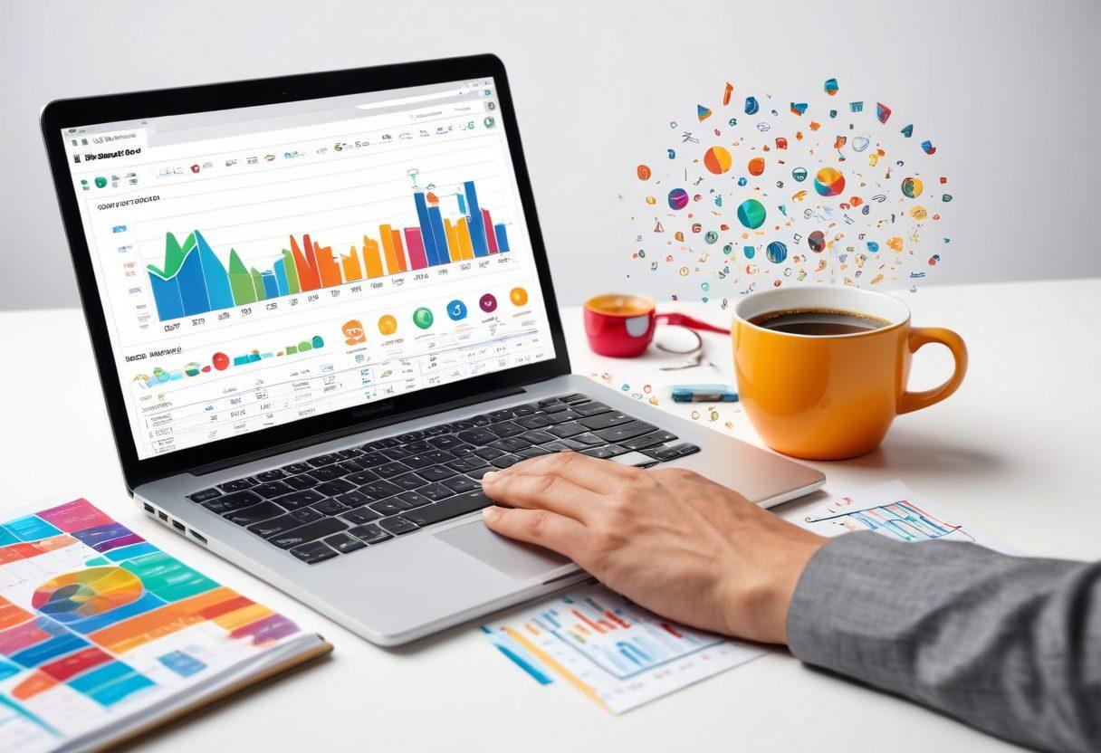 A creative depiction of a person typing on a laptop with vibrant charts and graphs emerging from the screen, symbolizing growth and monetization. Surround the scene with elements like a coffee mug, a notepad filled with ideas, and digital currency symbols, showcasing the journey from passion to profit. Use bright, energetic colors to evoke enthusiasm and ambition. super-realistic. vibrant colors. white background.